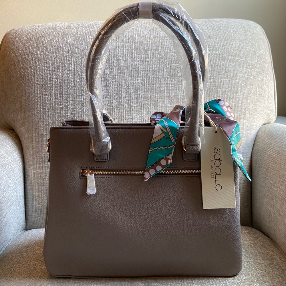 New Isabelle Handbag Satchel Crossbody Gray Taupe Vegan Leather Gold Hardware
